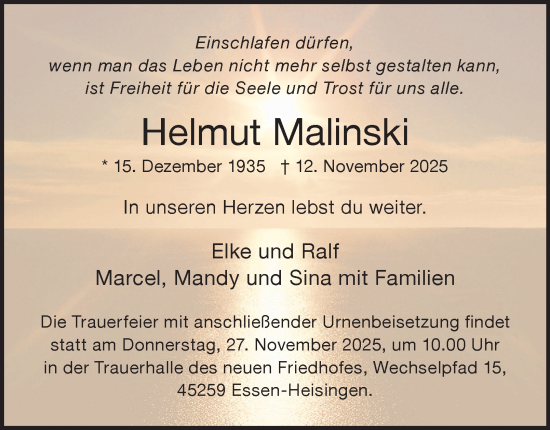 Traueranzeige von Helmut Malinski von Tageszeitung