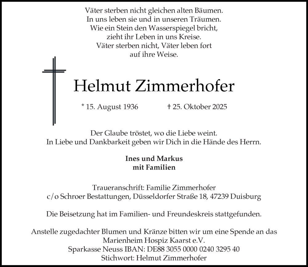  Traueranzeige für Helmut Zimmerhofer vom 15.11.2025 aus Tageszeitung