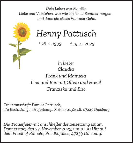 Traueranzeige von Henny Pattusch von Tageszeitung