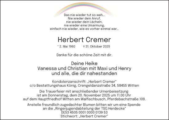 Traueranzeige von Herbert Cremer von Tageszeitung