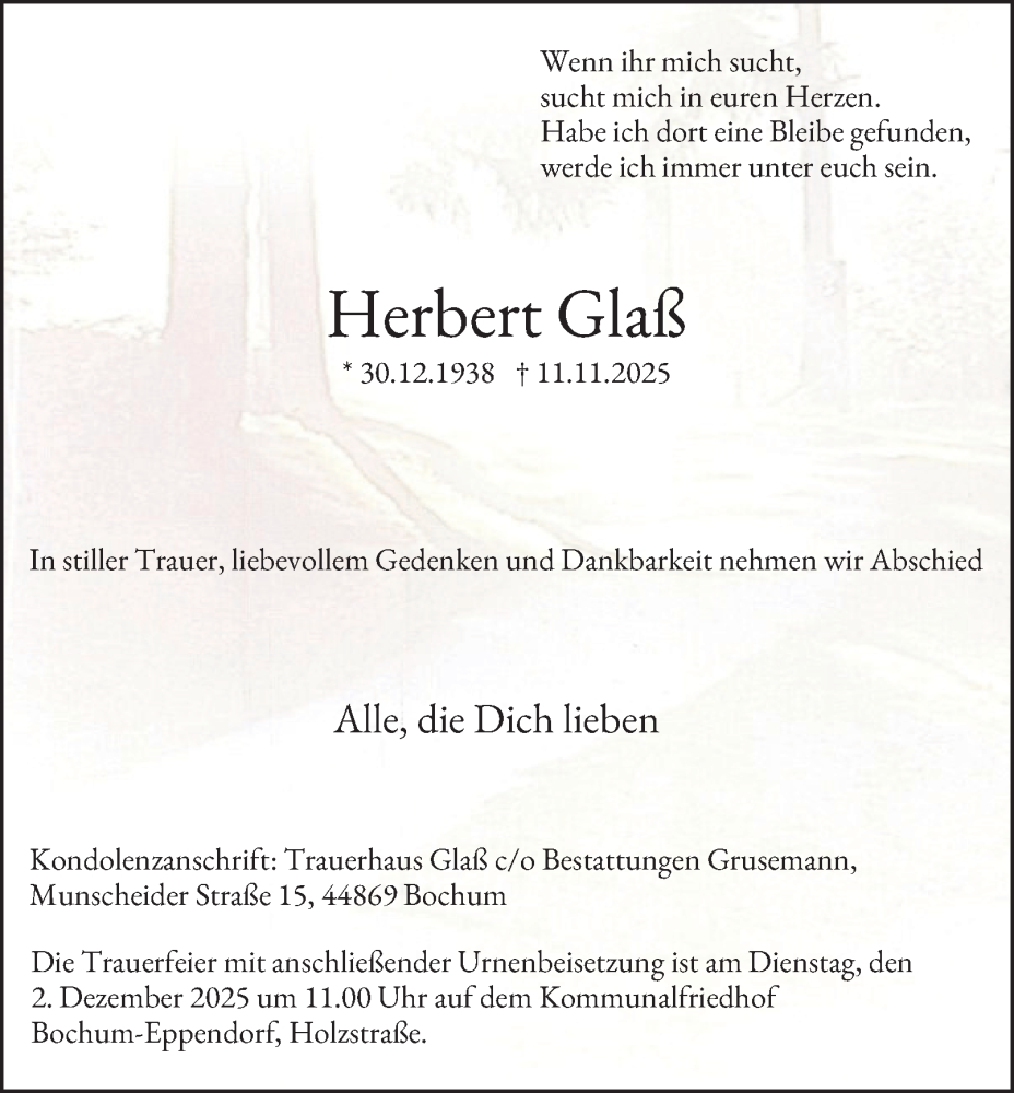  Traueranzeige für Herbert Glaß vom 22.11.2025 aus Tageszeitung