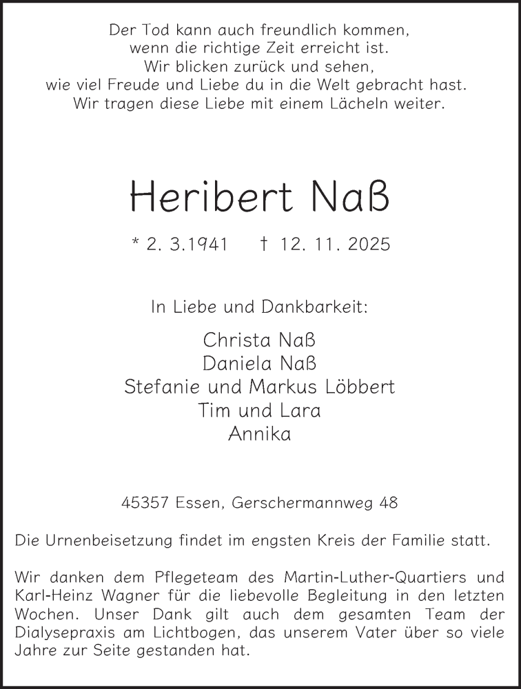  Traueranzeige für Heribert Naß vom 22.11.2025 aus Tageszeitung