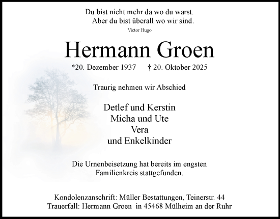 Traueranzeige von Hermann Groen von Tageszeitung