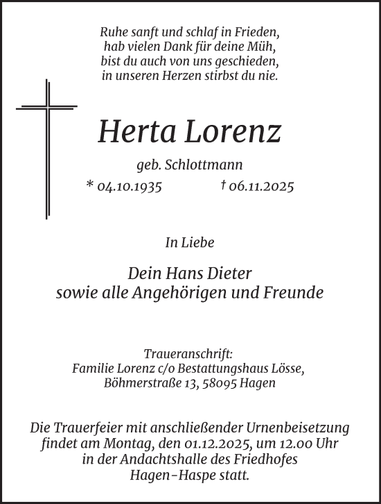 Traueranzeige von Herta Lorenz von Tageszeitung