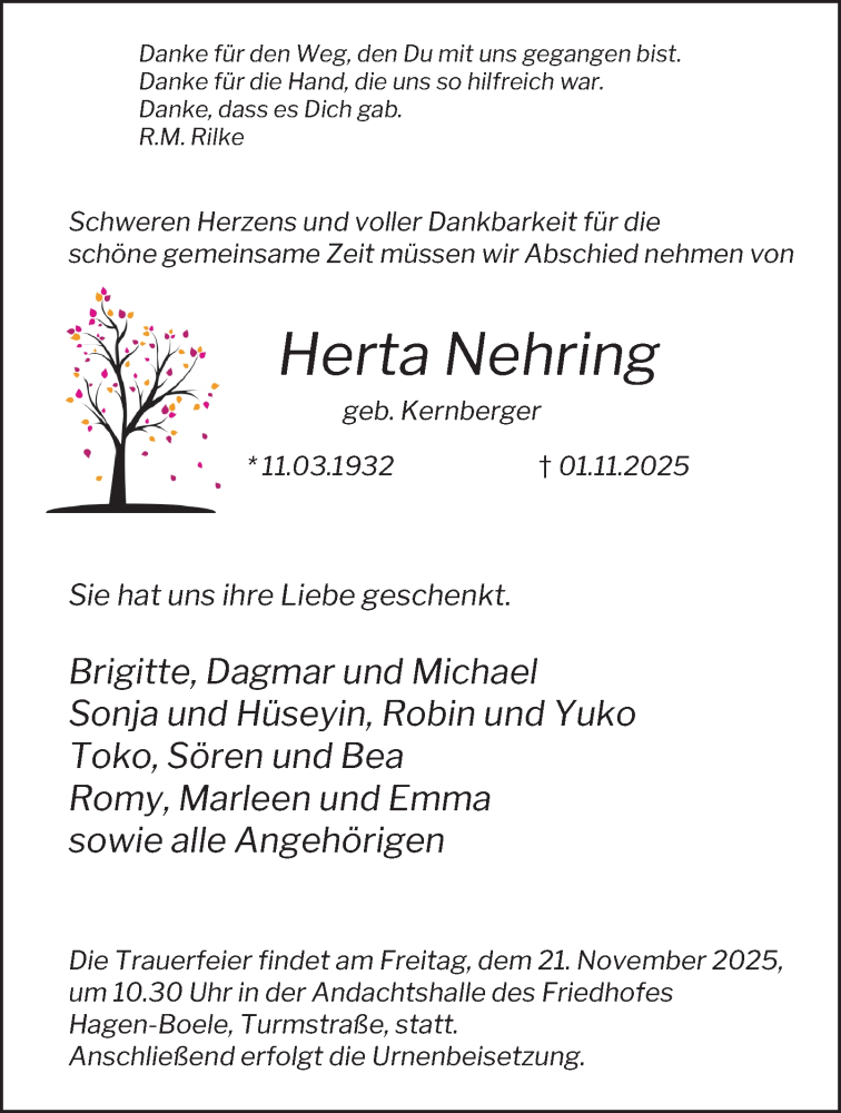  Traueranzeige für Herta Nehring vom 15.11.2025 aus Tageszeitung