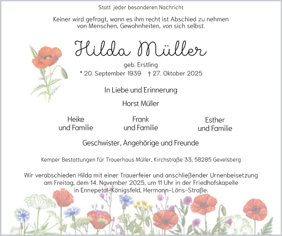 Traueranzeige von Hilda Müller von Tageszeitung