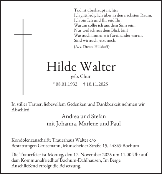 Traueranzeige von Hilde Walter von Tageszeitung