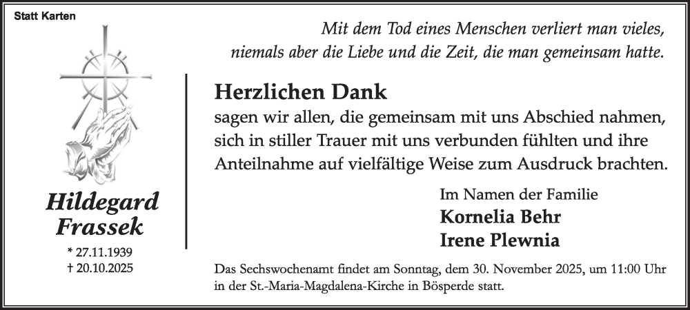  Traueranzeige für Hildegard Frassek vom 15.11.2025 aus Tageszeitung