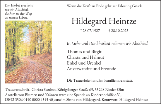 Traueranzeige von Hildegard Heintze von Tageszeitung