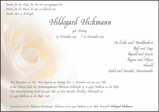 Traueranzeige von Hildegard Hickmann von Tageszeitung