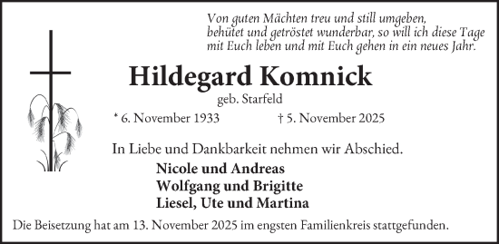 Traueranzeige von Hildegard Komnick von Tageszeitung