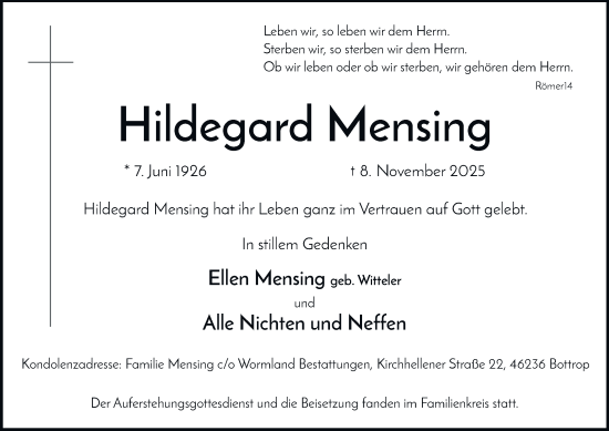 Traueranzeige von Hildegard Mensing von Tageszeitung