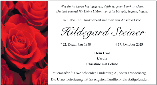 Traueranzeige von Hildegard Steiner von Tageszeitung