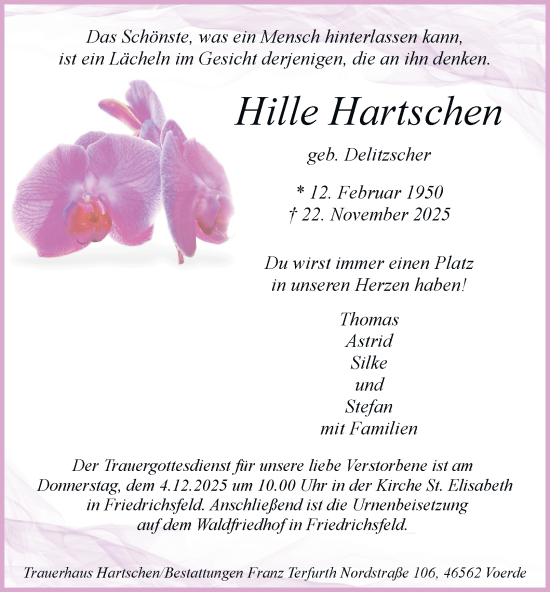 Traueranzeige von Hille Hartschen von Tageszeitung