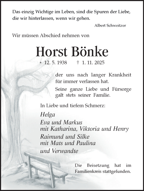 Traueranzeige von Horst Bönke von Tageszeitung