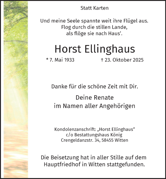 Traueranzeige von Horst Ellinghaus von Tageszeitung