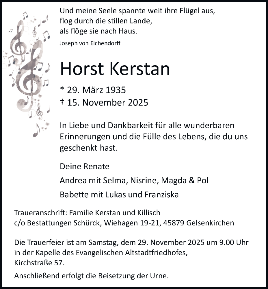  Traueranzeige für Horst Kerstan vom 22.11.2025 aus Tageszeitung
