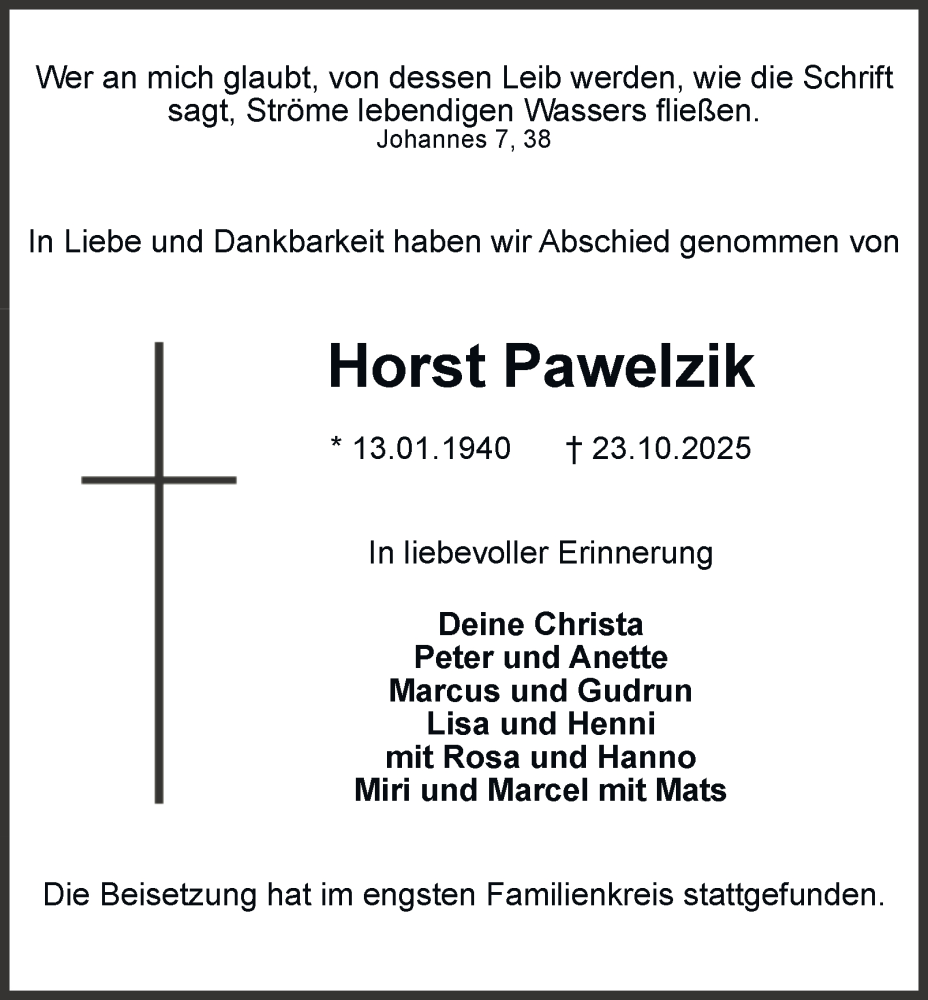  Traueranzeige für Horst Pawelzik vom 08.11.2025 aus Tageszeitung
