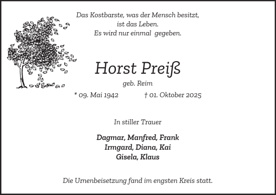 Traueranzeige von Horst Preiß von Tageszeitung