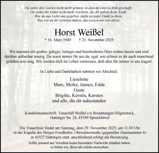 Traueranzeige von Horst Weißel von Tageszeitung