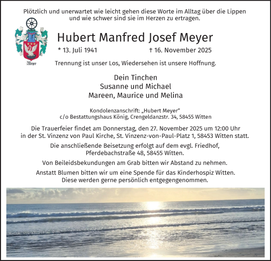 Traueranzeige von Hubert Manfred Josef Meyer von Tageszeitung