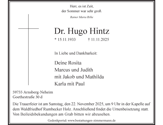 Traueranzeige von Hugo Hintz von Tageszeitung