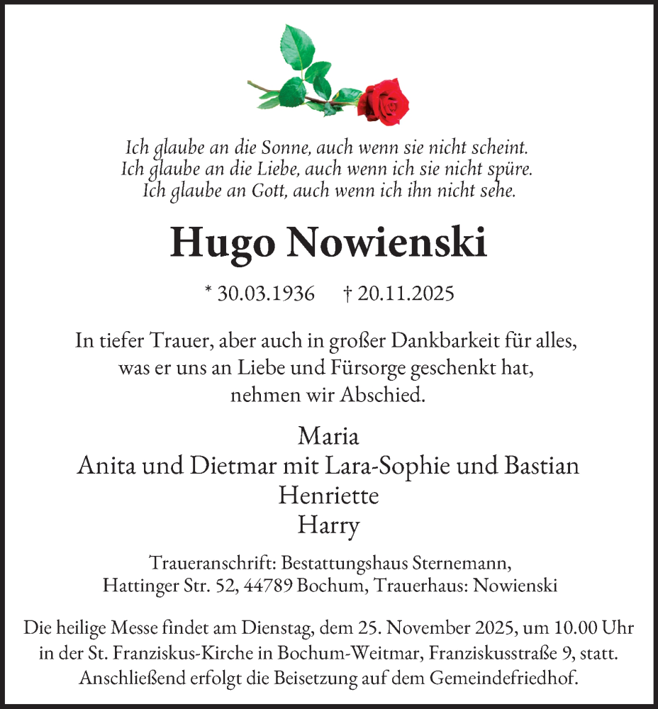  Traueranzeige für Hugo Nowienski vom 22.11.2025 aus Tageszeitung