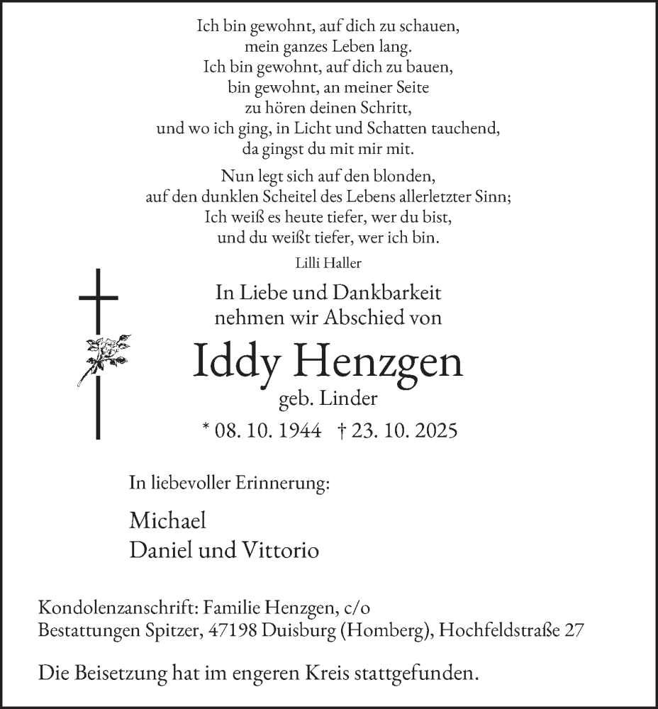  Traueranzeige für Iddy Henzgen vom 15.11.2025 aus Tageszeitung