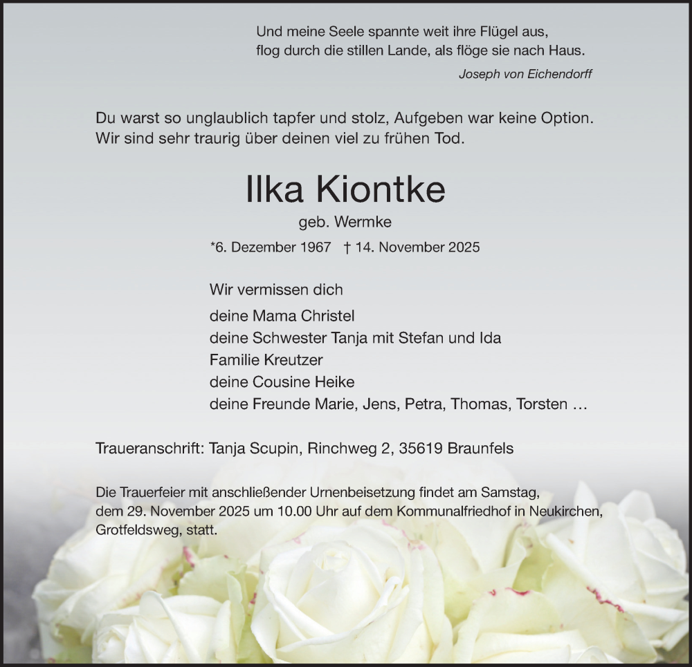  Traueranzeige für Ilka Kiontke vom 27.11.2025 aus Tageszeitung