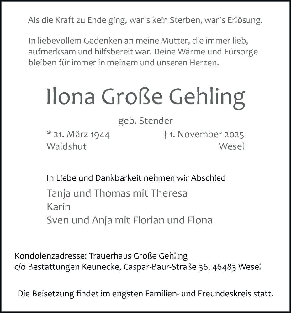  Traueranzeige für Ilona Große Gehling vom 08.11.2025 aus Tageszeitung