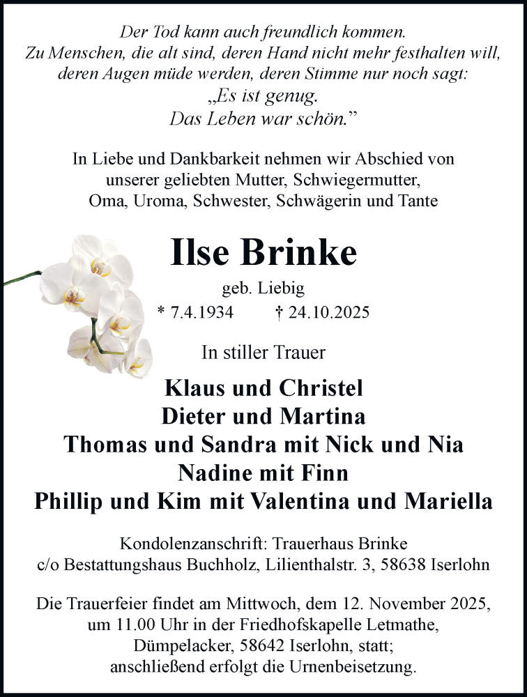  Traueranzeige für Ilse Brinke vom 08.11.2025 aus Tageszeitung