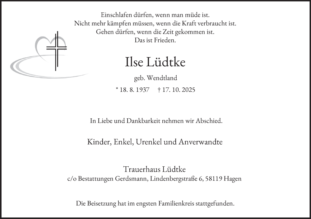  Traueranzeige für Ilse Lüdtke vom 22.11.2025 aus Tageszeitung
