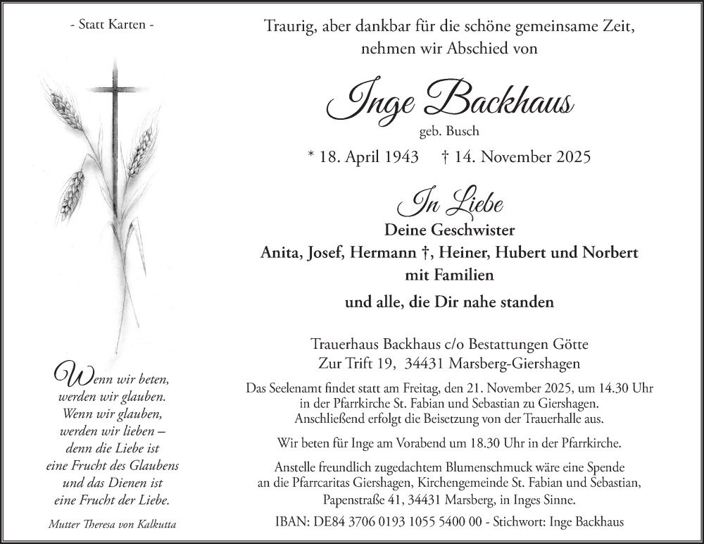  Traueranzeige für Inge Backhaus vom 19.11.2025 aus Tageszeitung