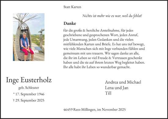 Traueranzeige von Inge Eusterholz von Tageszeitung