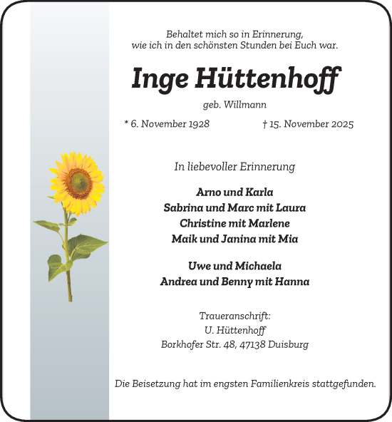 Traueranzeige von Inge Hüttenhoff von Tageszeitung