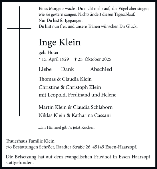 Traueranzeige von Inge Klein von Tageszeitung
