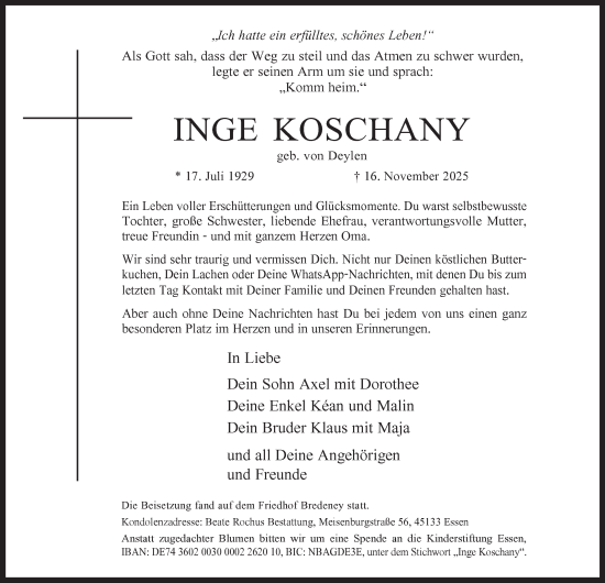 Traueranzeige von Inge Koschany von Tageszeitung