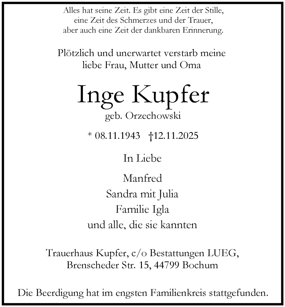  Traueranzeige für Inge Kupfer vom 22.11.2025 aus Tageszeitung