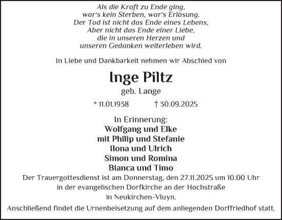 Traueranzeige von Inge Piltz von Tageszeitung