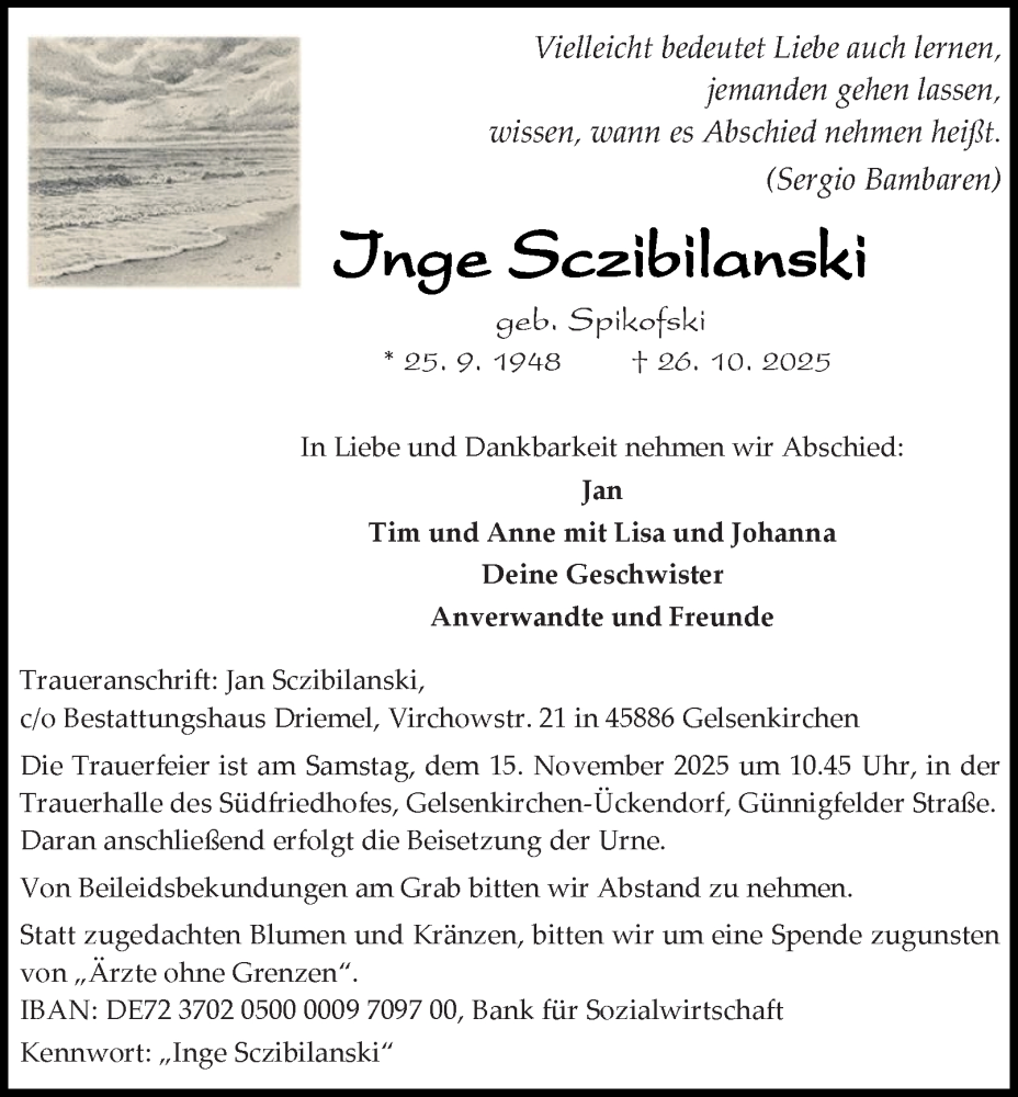  Traueranzeige für Inge Sczibilanski vom 08.11.2025 aus Tageszeitung