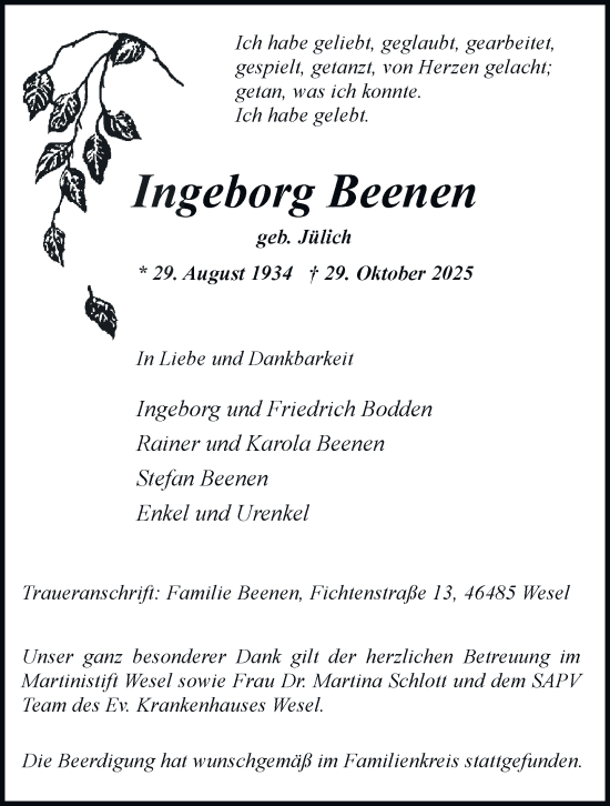 Traueranzeige von Ingeborg Beenen von Tageszeitung