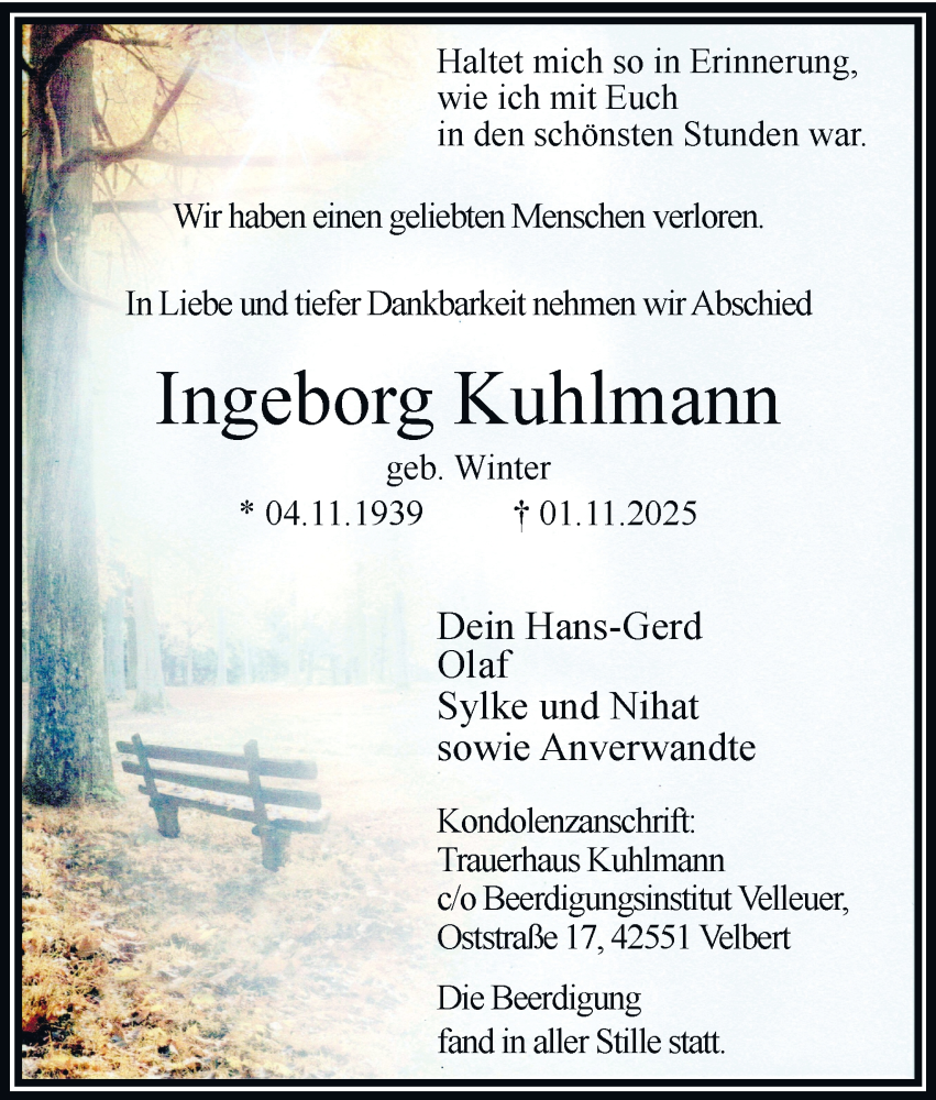  Traueranzeige für Ingeborg Kuhlmann vom 29.11.2025 aus Tageszeitung