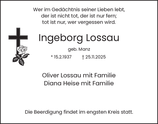 Traueranzeige von Ingeborg Lossau von Tageszeitung