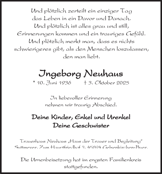 Traueranzeige von Ingeborg Neuhaus von Tageszeitung