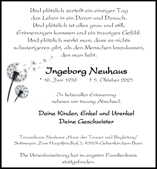 Traueranzeige von Ingeborg Neuhaus von Tageszeitung