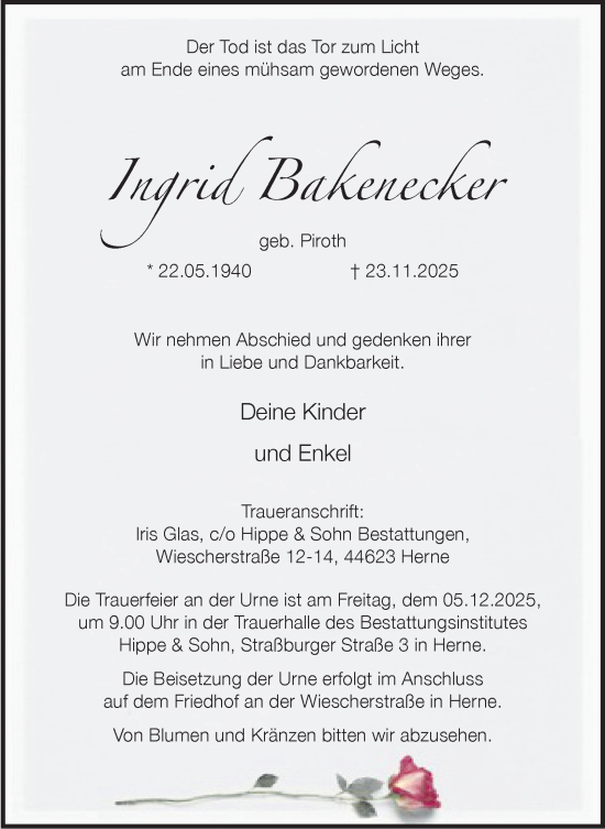 Traueranzeige von Ingrid Bakenecker von Tageszeitung