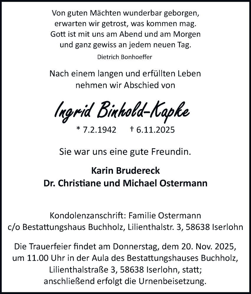  Traueranzeige für Ingrid Binhold-Kapke vom 15.11.2025 aus Tageszeitung