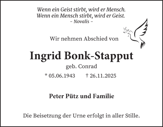 Traueranzeige von Ingrid Bonk-Stapput von Tageszeitung