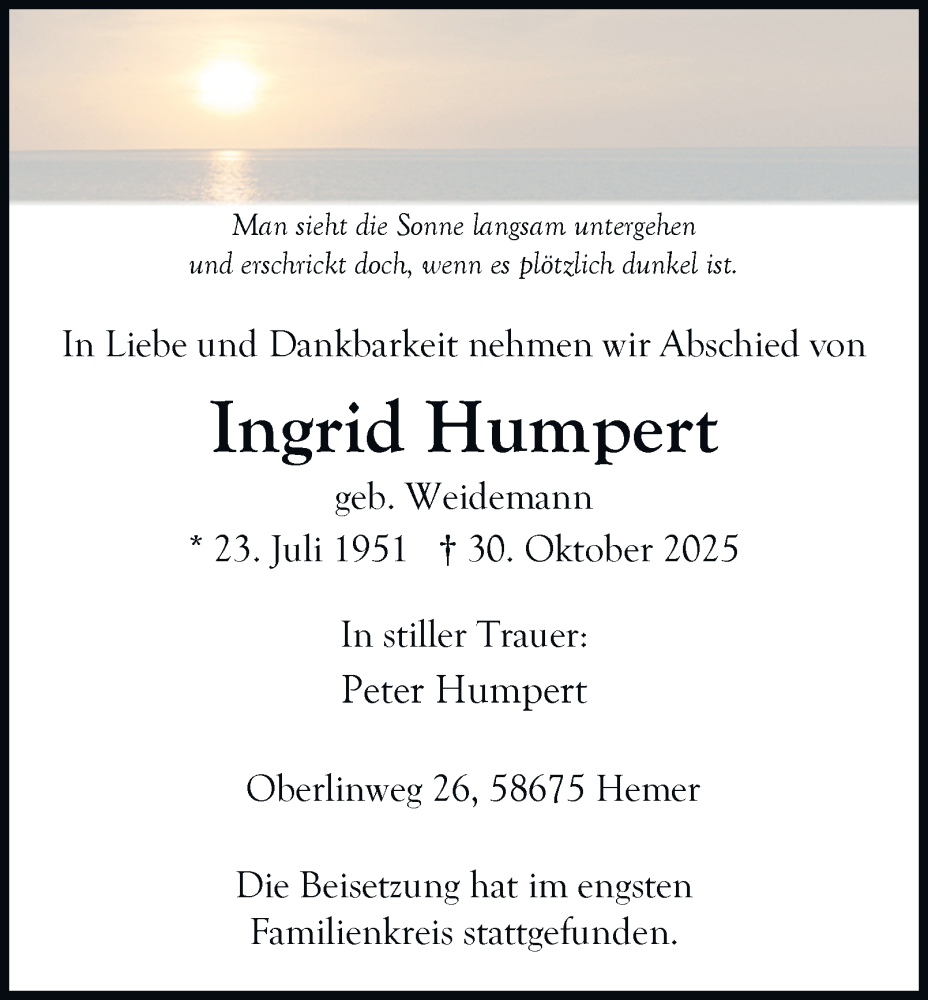  Traueranzeige für Ingrid Humpert vom 22.11.2025 aus Tageszeitung