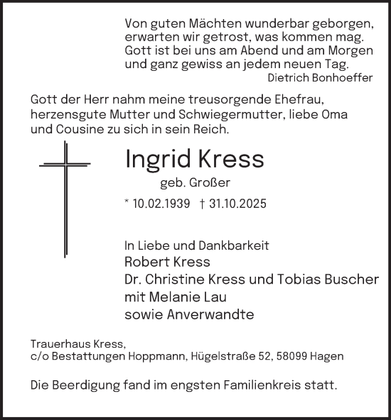 Traueranzeige von Ingrid Kress von Tageszeitung